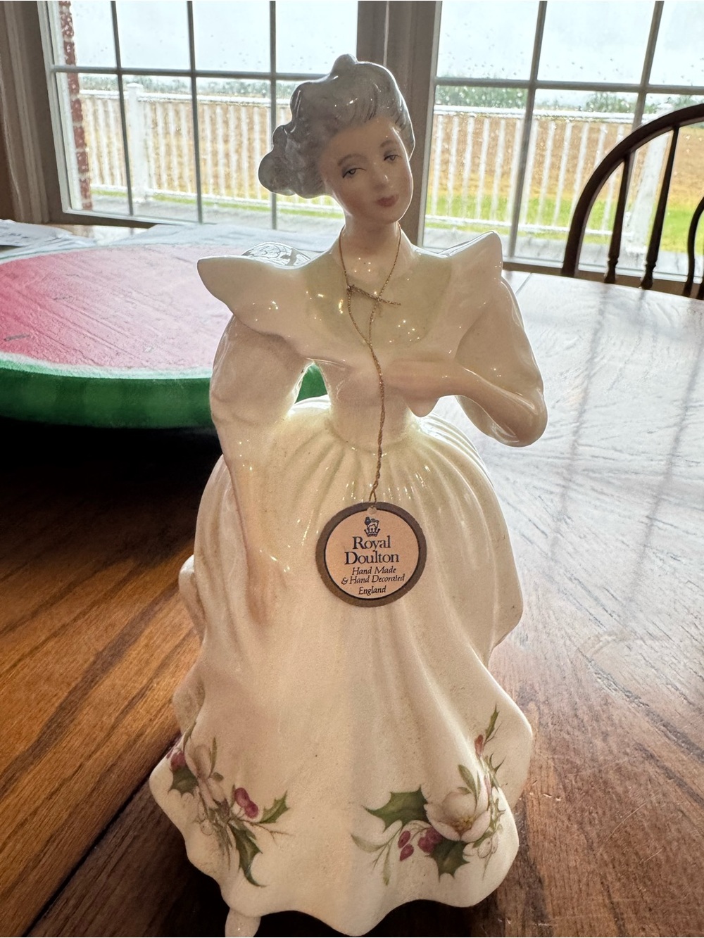 Royal Doulton Glossy White Figurine with Green & Pink Accents